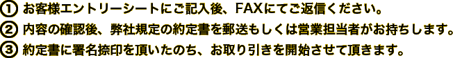 1)お客様エントリーシートにご記入後、FAXにてご返信ください。2)内容の確認後、弊社規定の約定書を郵送もしくは営業担当者がお持ちします。3)約定書に署名捺印を頂いたのち、お取り引きを開始させて頂きます。